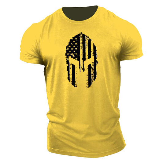 Patriotic Men's Fitness Tee: American Flag Helmet Design Cotton Gym Shirt for Workouts